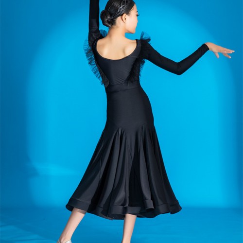 Girls kids black color competition ballroom dance dress children long sleeves standard waltz tango dance long dresses